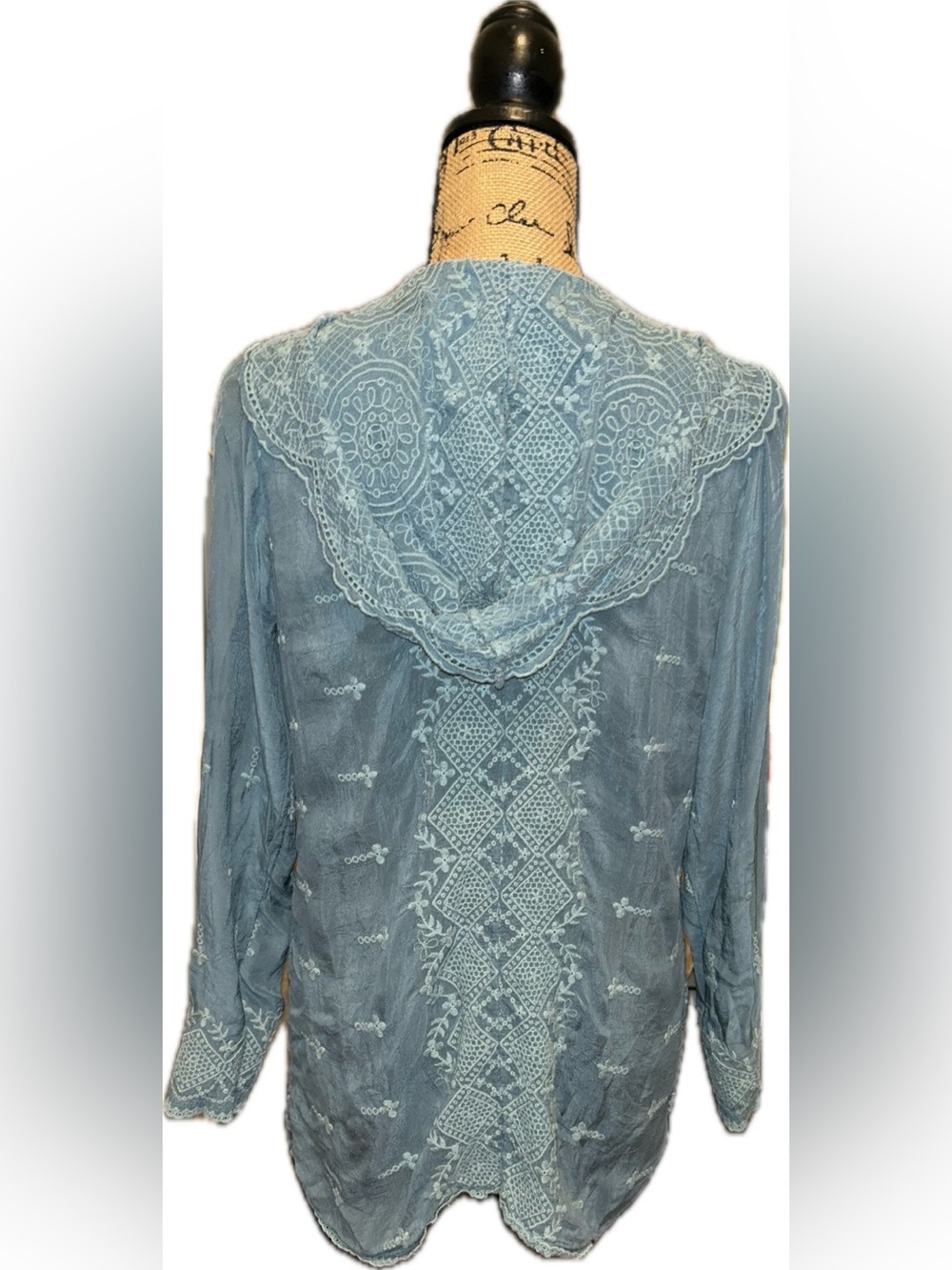 Johnny Was Light Teal Blue Lace-Embroidered Shawl Hood Scalloped Open Cardigan S - Picture 6 of 11
